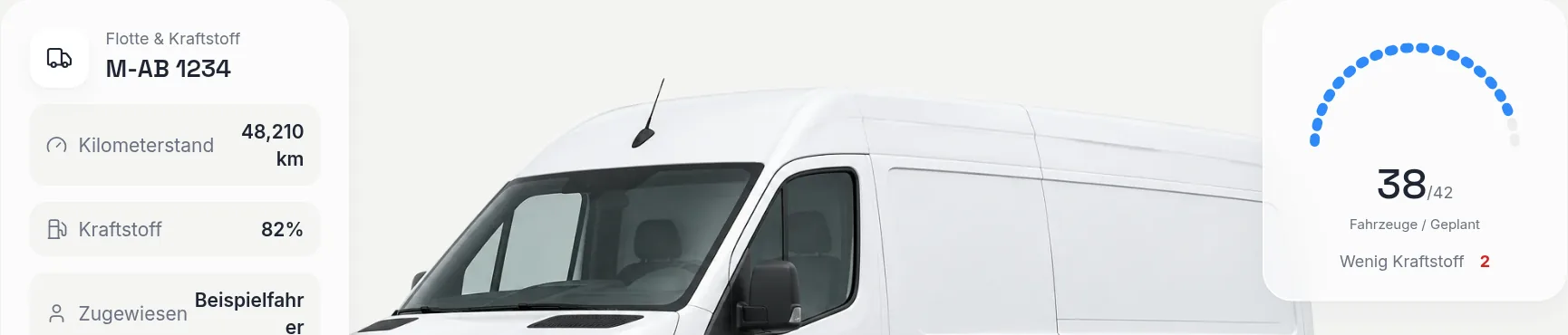 DS Prime illustrative Fahrzeugansicht mit Kilometer- und Kraftstoffmesswerten als Beispieldaten, keine bestätigte Live-Verbindung